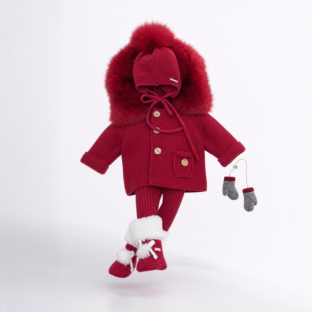 PANGASA BABY -TRENKA LUXURY CEREZA-Abrigo de Punto con Capucha y Pelo